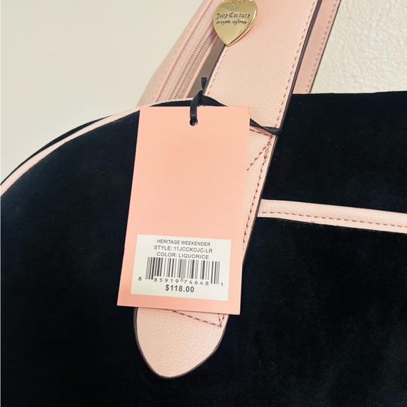 Juicy Couture Black & Pink Velour Queen Of Everything Weekender Duffle Bag NWT - Picture 7 of 13
